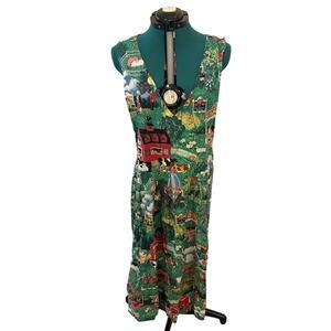 80’s Colorful Vintage Cottage Core Farm Print Maxi Dress Large V Neck Women